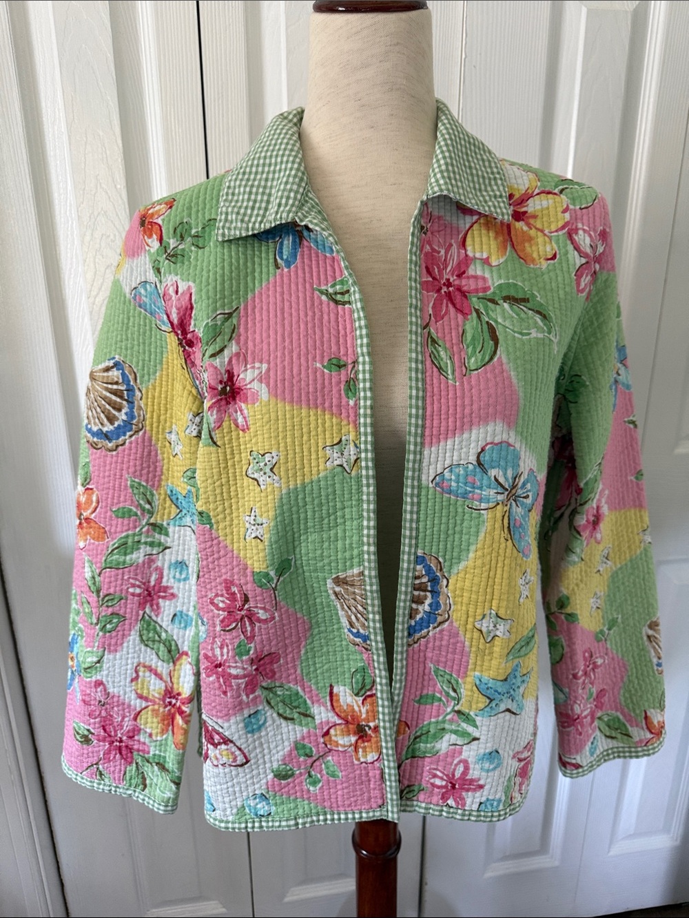 Alfred Dunner Jacket Floral Quilted Open Front pink green Reversible Sz 10p